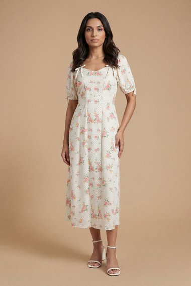 Pleat Button Detail Puff Sleeve Midi Dress