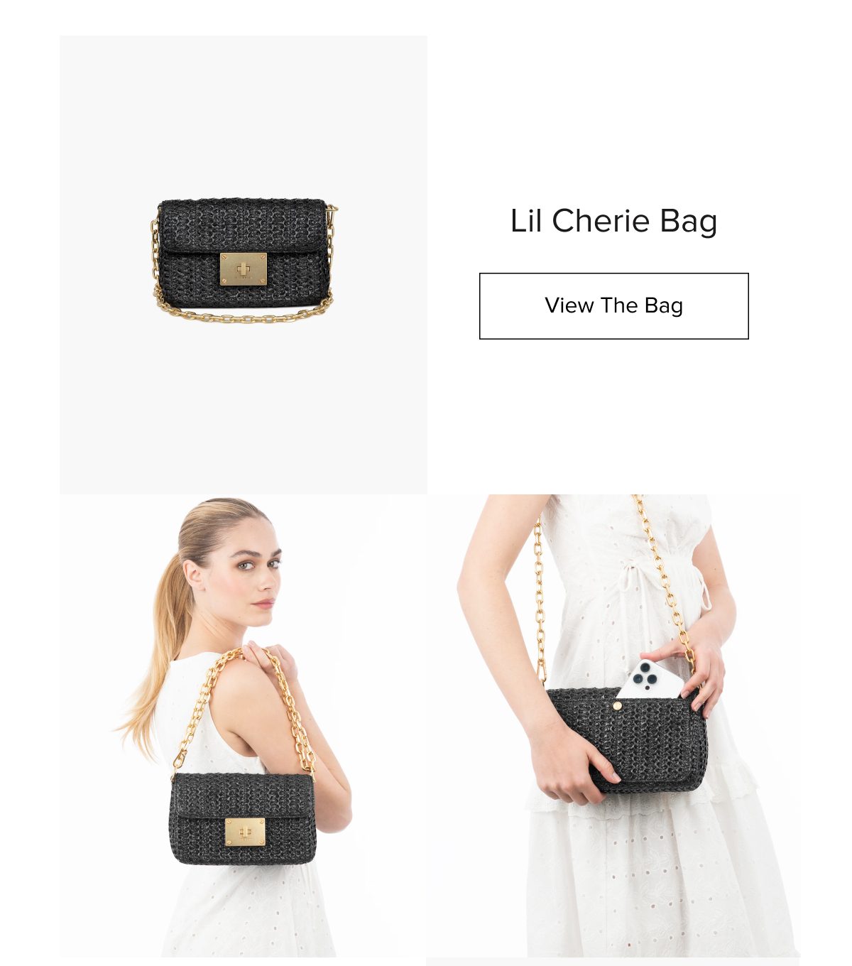 Black woven bag with a gold chain strap, displayed with a model.