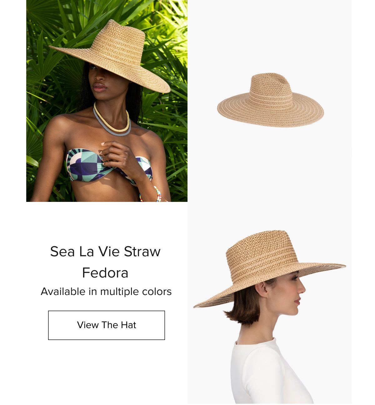A woman wearing a straw fedora hat, with a bikini and tropical background.