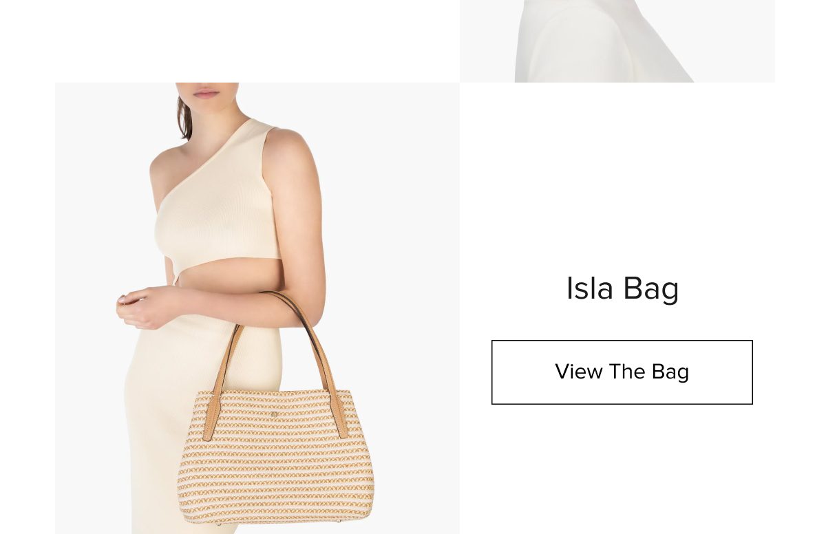 Model holding a woven handbag, wearing a fitted cream outfit.