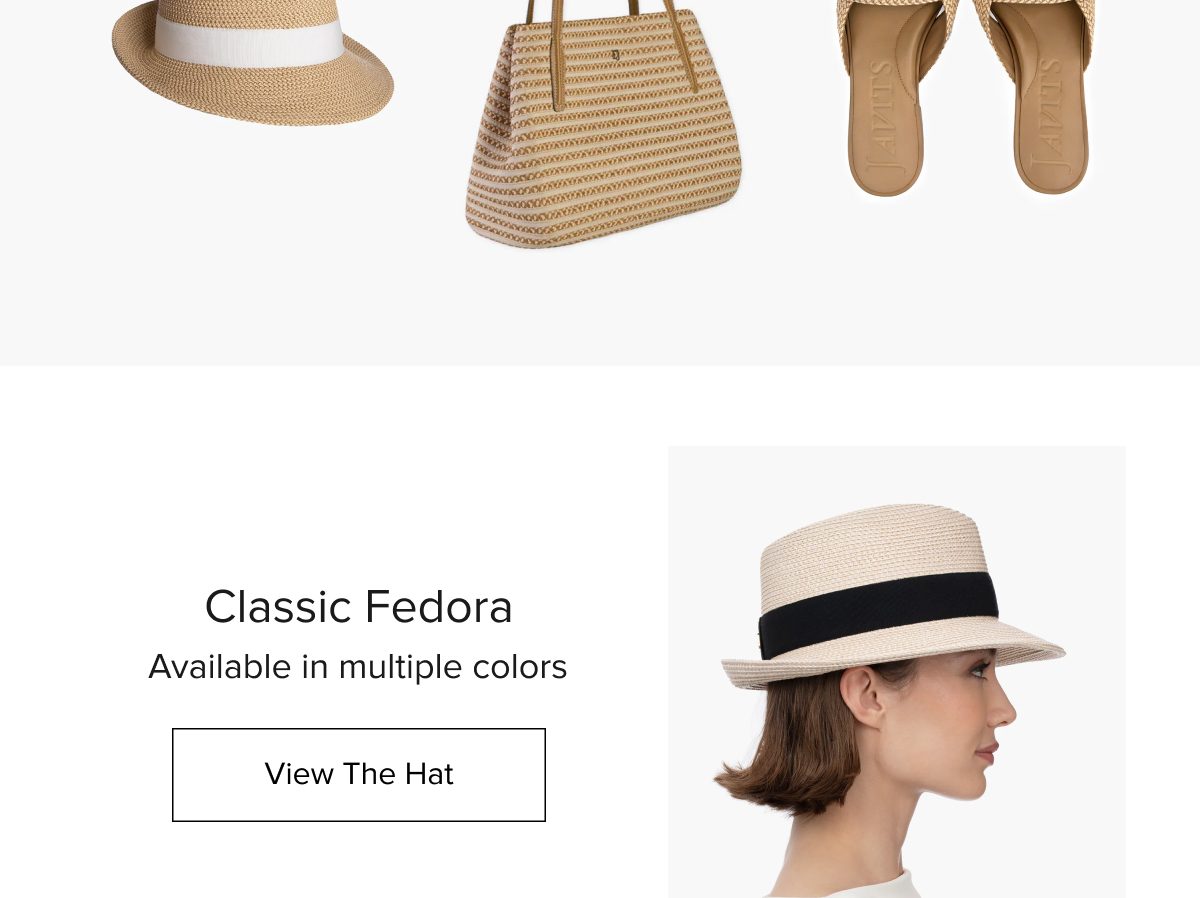 Classic fedora hat with a black band, a striped bag, and sandals.