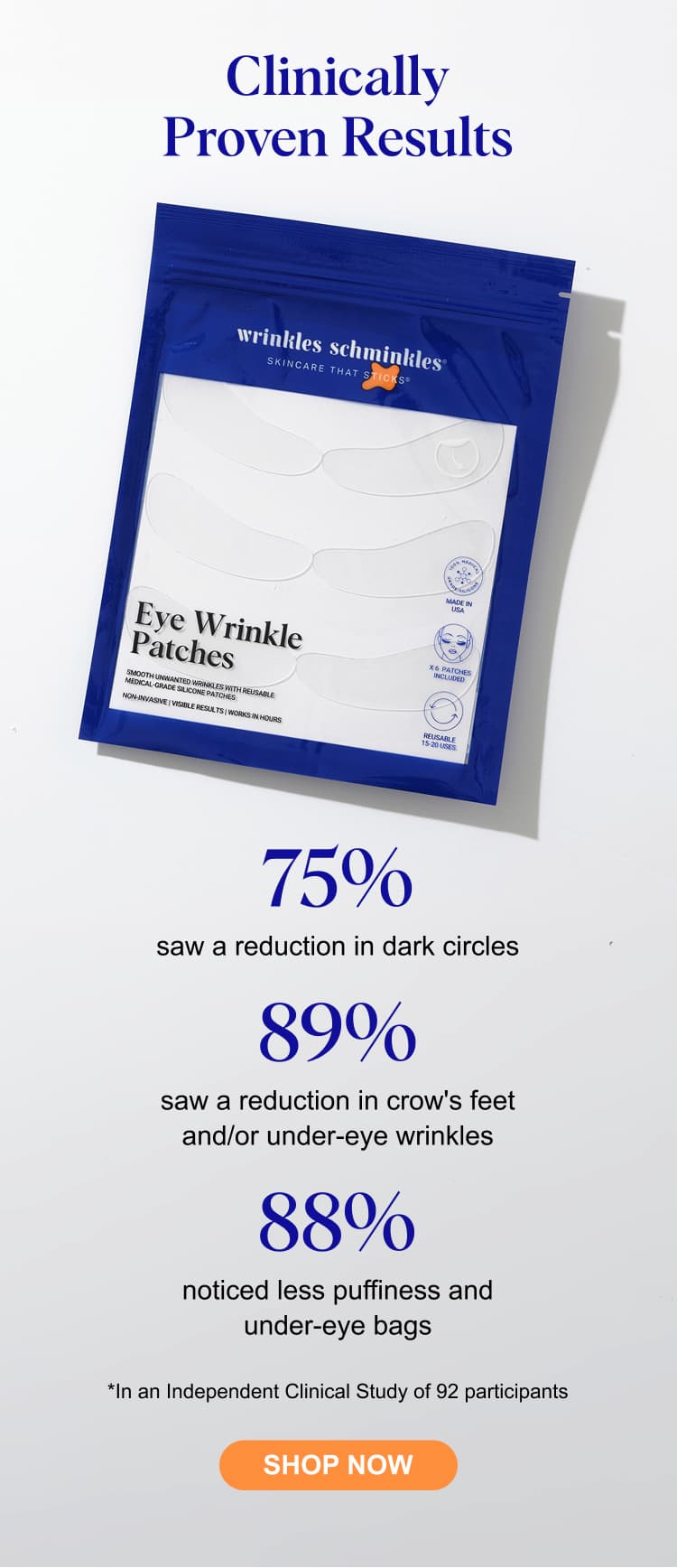 Clinically Proven Results ✅ 75% saw a reduction in dark circles ✅ 89% saw a reduction in crow's feet and/or under-eye wrinkles ✅ 88% noticed less puffiness and under-eye bags *In an Independent Clinical Study of 92 participants