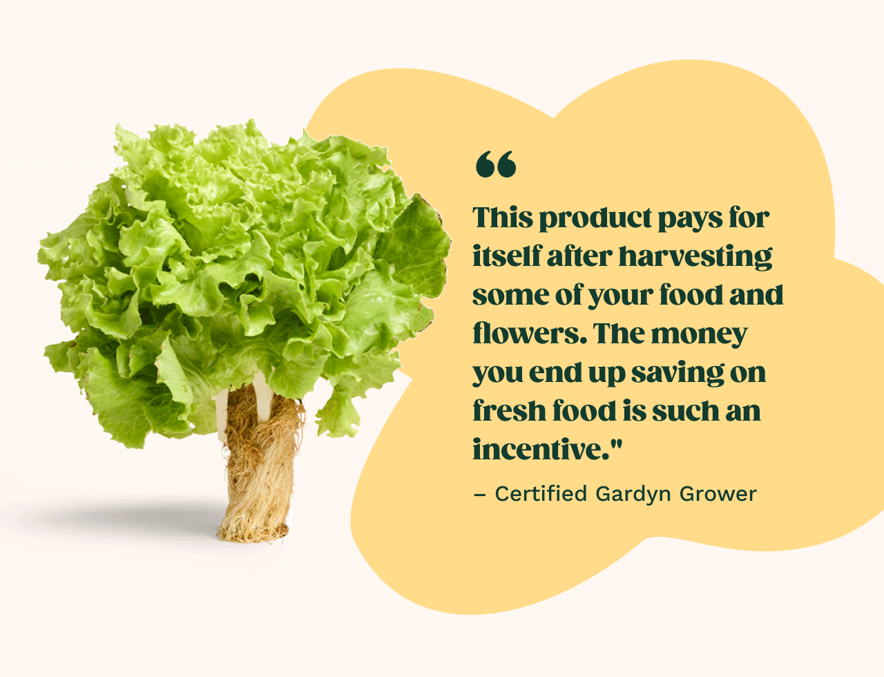 "This product pays for itself after harvesting some of your food and flowers. The money you end up saving on fresh food is such an incentive." - Certified Gardyn Grower