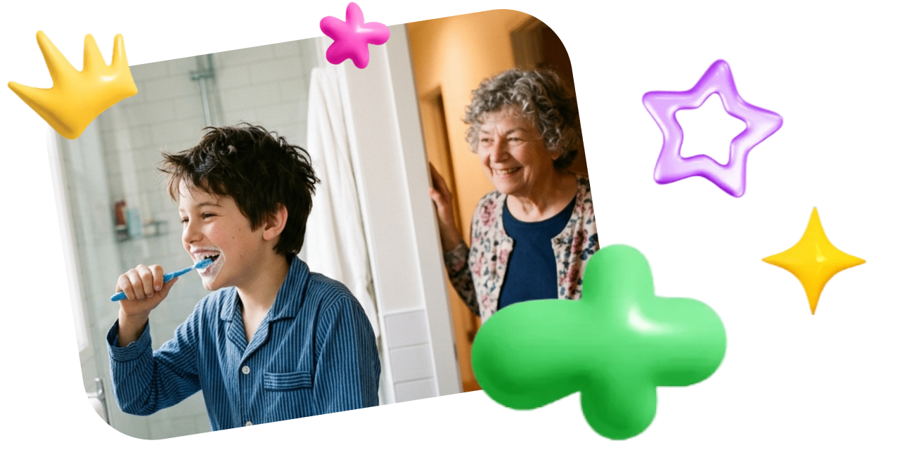 A grandmother watches from the bathroom doorway as a pre-teen kid brushes his teeth.