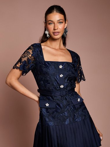 Square Neck Pearl Button Satin Lace Mini Dress