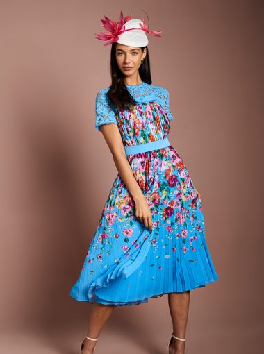 Lisa Tan Lace Printed Pleated Midi Dress