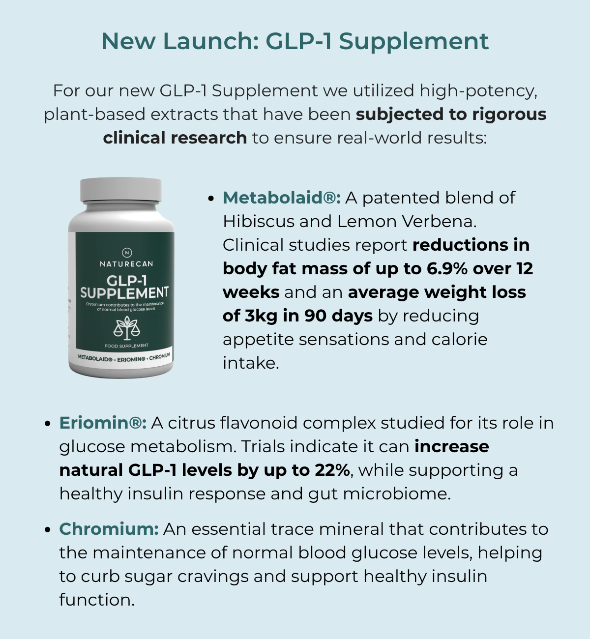 New launch: plant-based, non-pharmaceutical GLP-1 Suppmlement. With Metabolaid, Eriomin and chromium