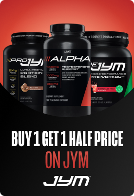 Promotional image of three JYM supplement tubs (protein, pre-workout and Alpha testosterone) with 'Buy 1 Get 1 Half Price on JYM' offer