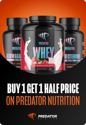 Three Predator Nutrition supplement tubs with central Strawberry & Cream Whey and promotional text 'Buy 1 Get 1 Half Price on Predator Nutrition' on orange-black background