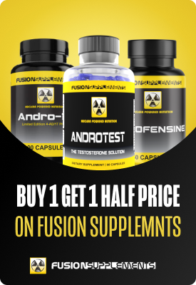 Three black-and-yellow Fusion Supplements bottles (centre 'Androtest') with 'Buy 1 Get 1 Half Price' promotional banner