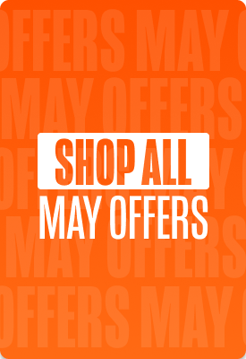 Promotional banner reading ‘Shop All May Offers’ in white and orange on an orange background with repeating ‘May Offers’ pattern