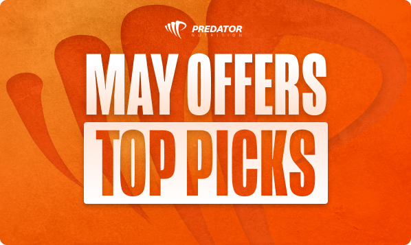 Predator Nutrition promotional banner: orange background with logo and large text "May Offers – Top Picks" highlighting discounted product selections