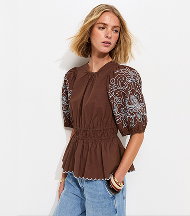 Dark Brown Embroidered Puff Sleeve Blouse