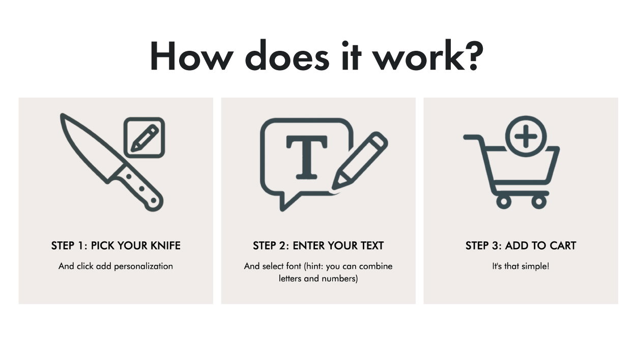 Pick your knife, enter your text, add to your cart!
