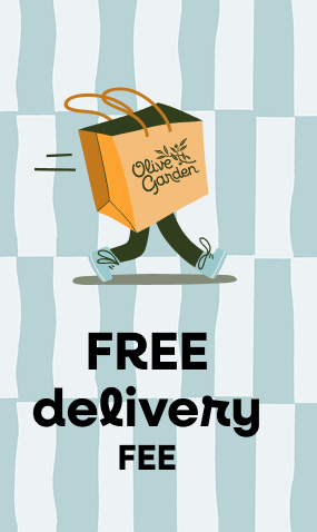 Illustration of a walking Olive Garden To Go bag with text reading “Free delivery fee.”