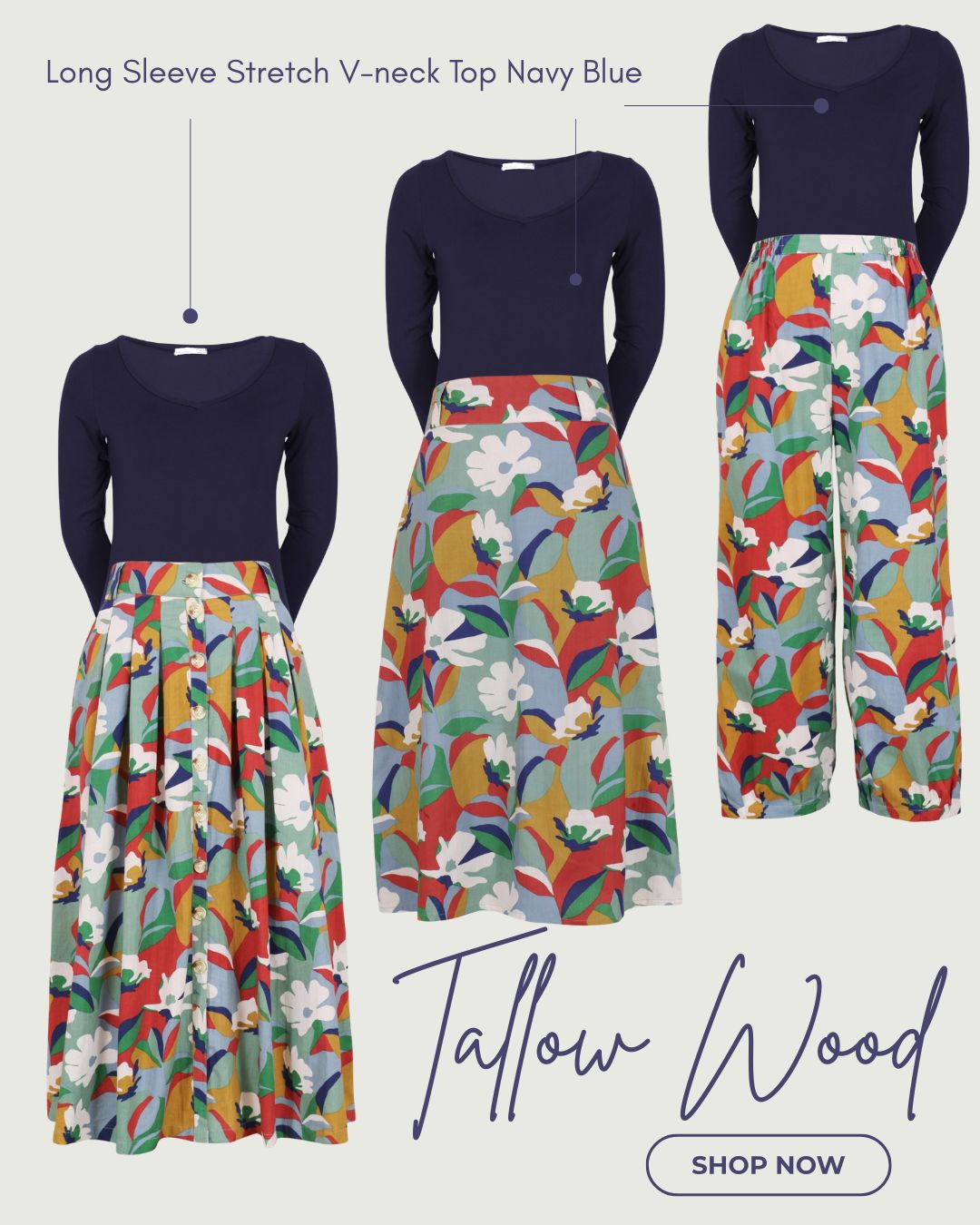 Flat lay of cotton clothing in the tallow wood print 