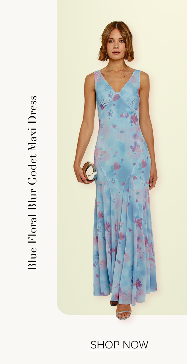 Blue Floral Blur Godet Maxi Dress