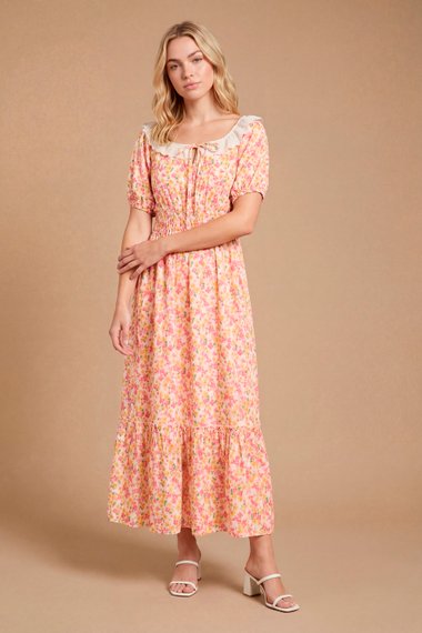 Broderie Frill Detail Tiered Hem Printed Midi Dress