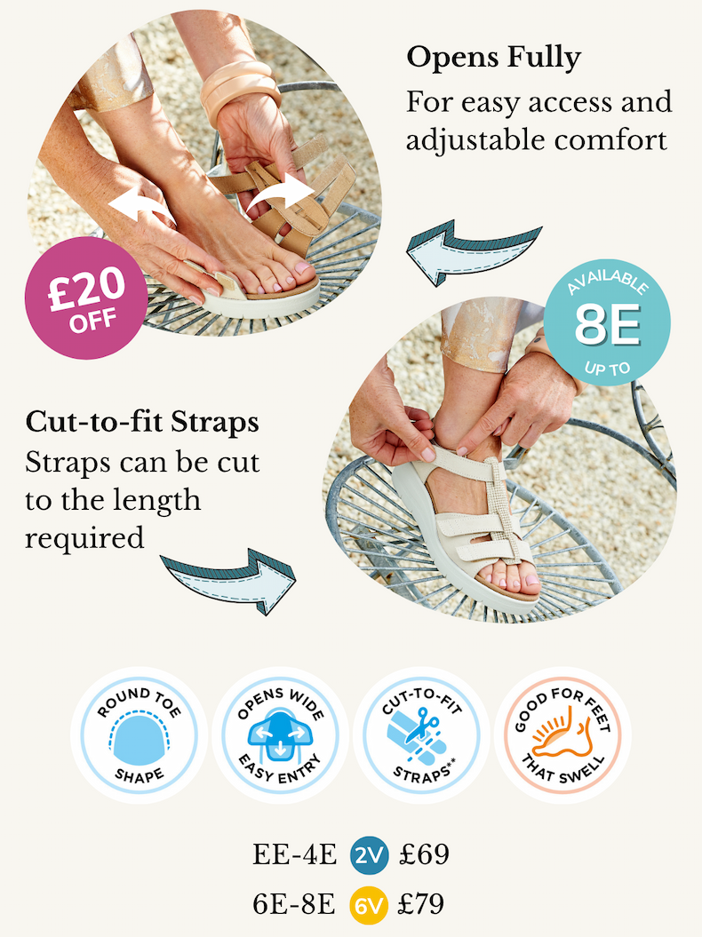 Super stylish wedge sandal with adjustable touch fastening strap in pretty pattern design.