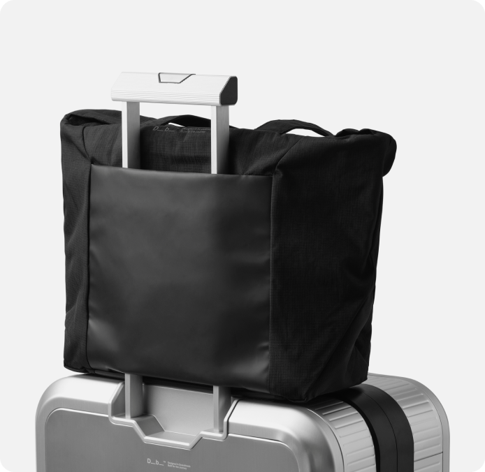 Entour Backpack on a silver alu luggage, showing the Trolley Handle Sleeve functionality.