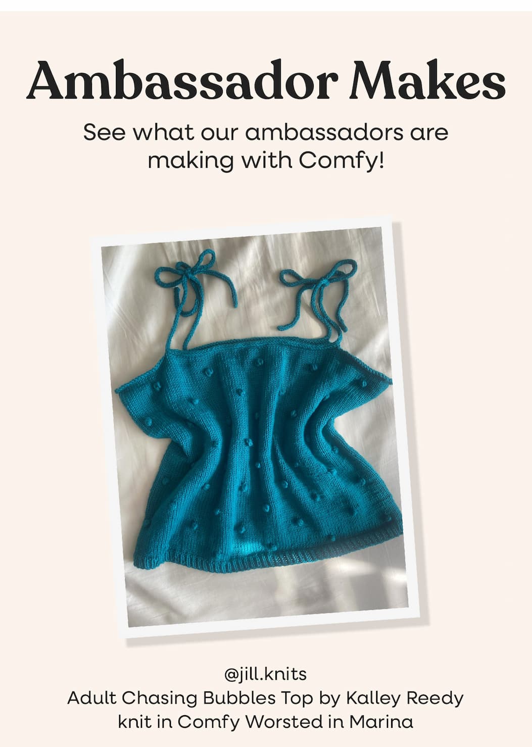 Image: A blue knit tank with bobbles and tied straps. Text: @jill.knits Adult Chasing Bubbles Top by Kalley Reedy knit in Comfy Worsted in Marina >>