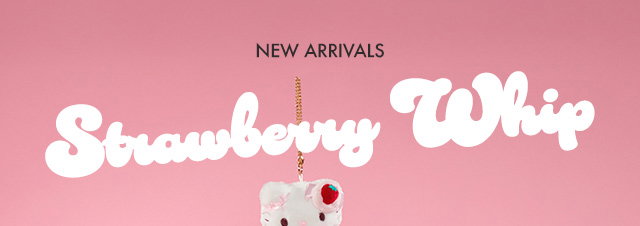 NEW ARRIVALS | STRAWBERRY WHIP | Sanrio Characters Strawberry Whip Collection Displayed Against a Pink Background.