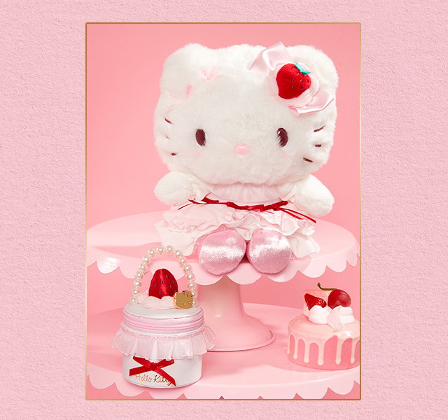 Sanrio Characters Strawberry Whip Plush and Accessories Collection Displayed Against a Pink Background.