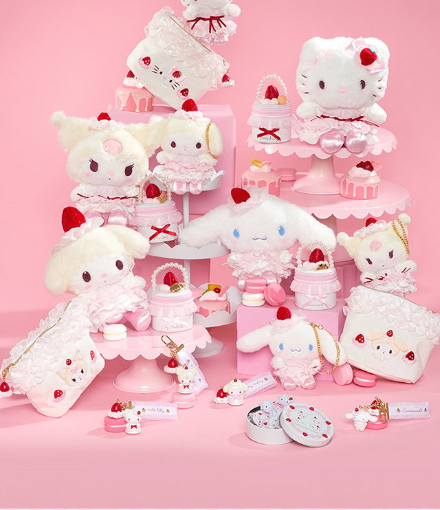 NEW ARRIVALS | STRAWBERRY WHIP | Sanrio Characters Strawberry Whip Collection Displayed Against a Pink Background.