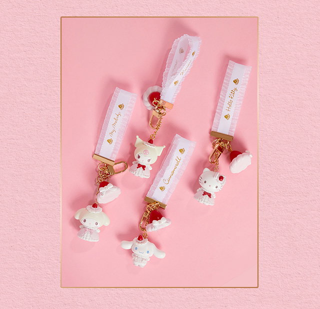 Sanrio Characters Strawberry Whip Accessories Collection Displayed Against a Pink Background.
