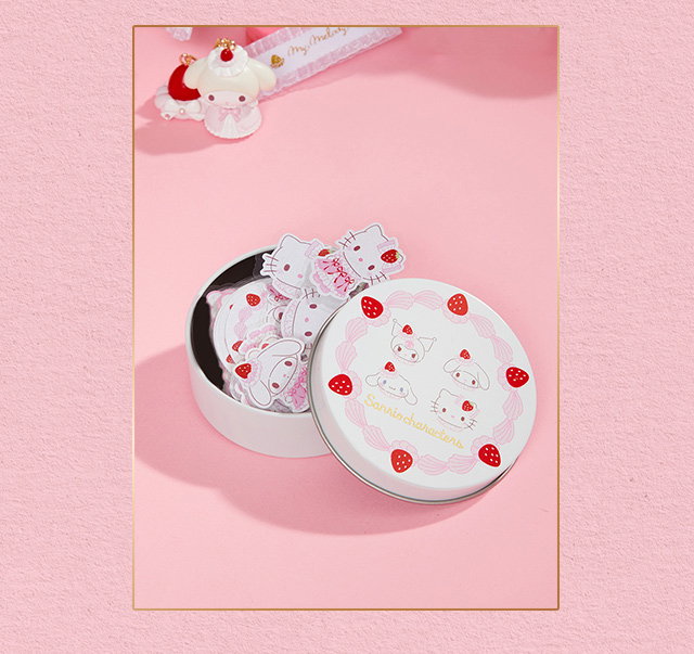Sanrio Characters Strawberry Whip Accessories Collection Displayed Against a Pink Background.