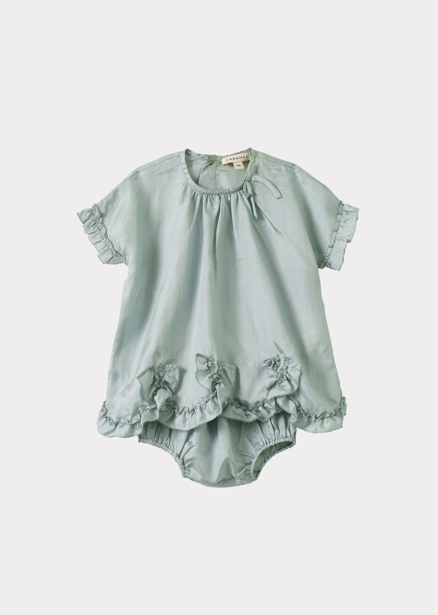 Image of SERAPHINA BABY GIRL'S PARTY SILK DRESS AND BLOOMERS SET - MIST BLUE