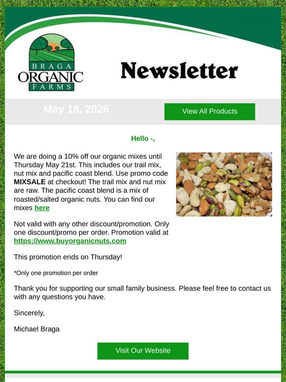 10% off organic mixes until Thursday