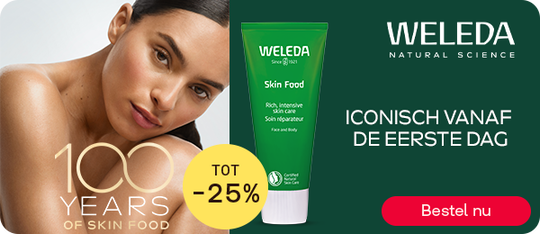 Weleda Skin Food verzorging tot -25% voor droge huid, knop “Bestel nu”.