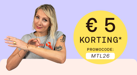 €5 korting met code MTL26 en Sophie, knop “Bestel nu”.