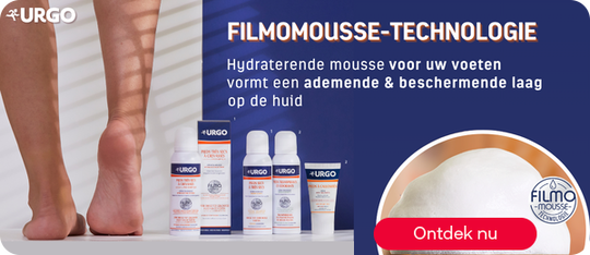 Urgo Filmomousse verzorging voor voeten met hydraterende mousse, knop “Bestel nu”.