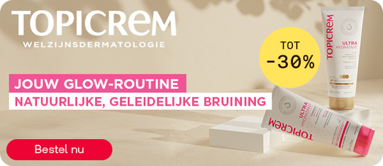 Topicrem glow-routine tot -30% voor natuurlijke bruining, knop “Bestel nu”.