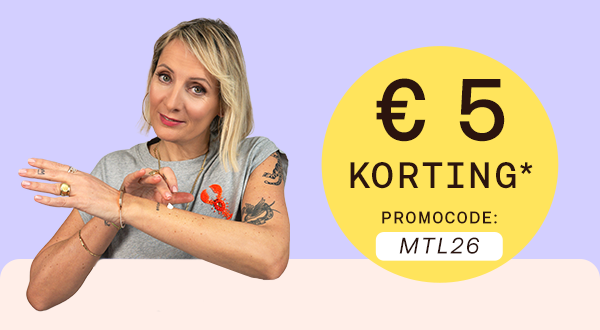 €5 korting met code MTL26 en Sophie, knop “Bestel nu”.