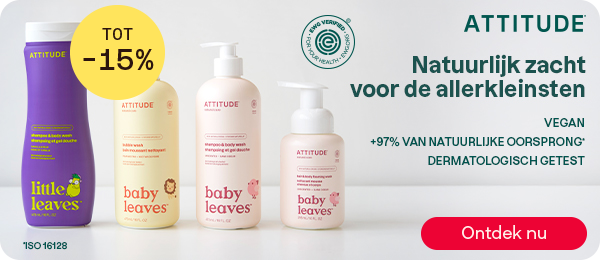 Attitude Baby Leaves verzorging voor babyhuid, natuurlijk en zacht, knop “Bestel nu”.