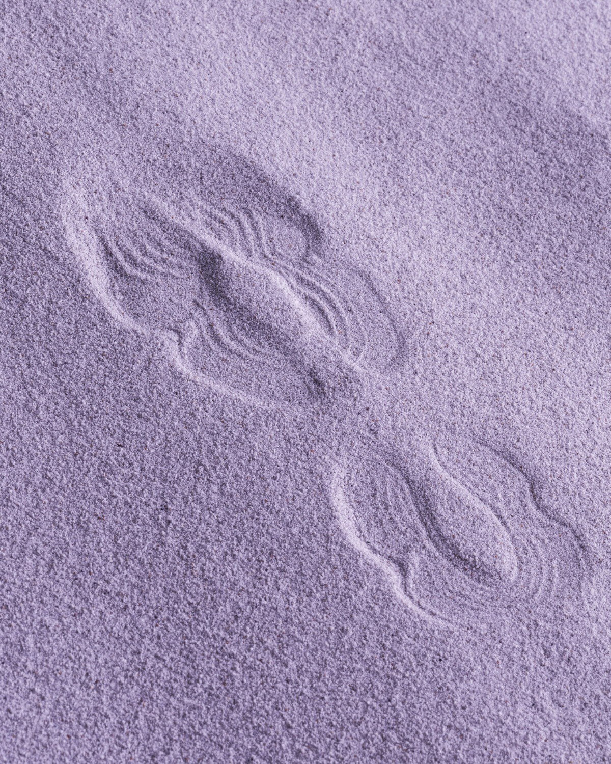 Close-up of paired winding insect tracks in fine lavender sand, showing textured grooves and curved trail patterns
