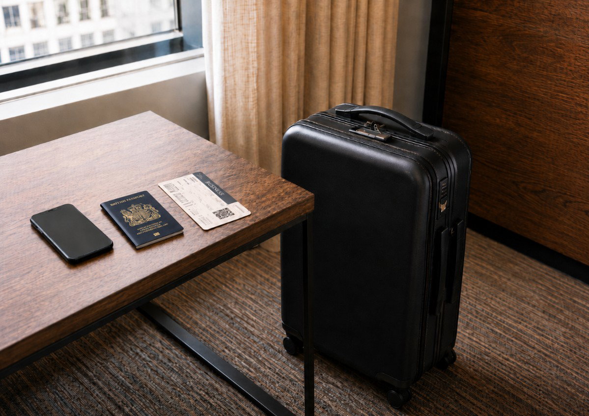 Passport, boarding pass, phone and suitcase ready before travel.