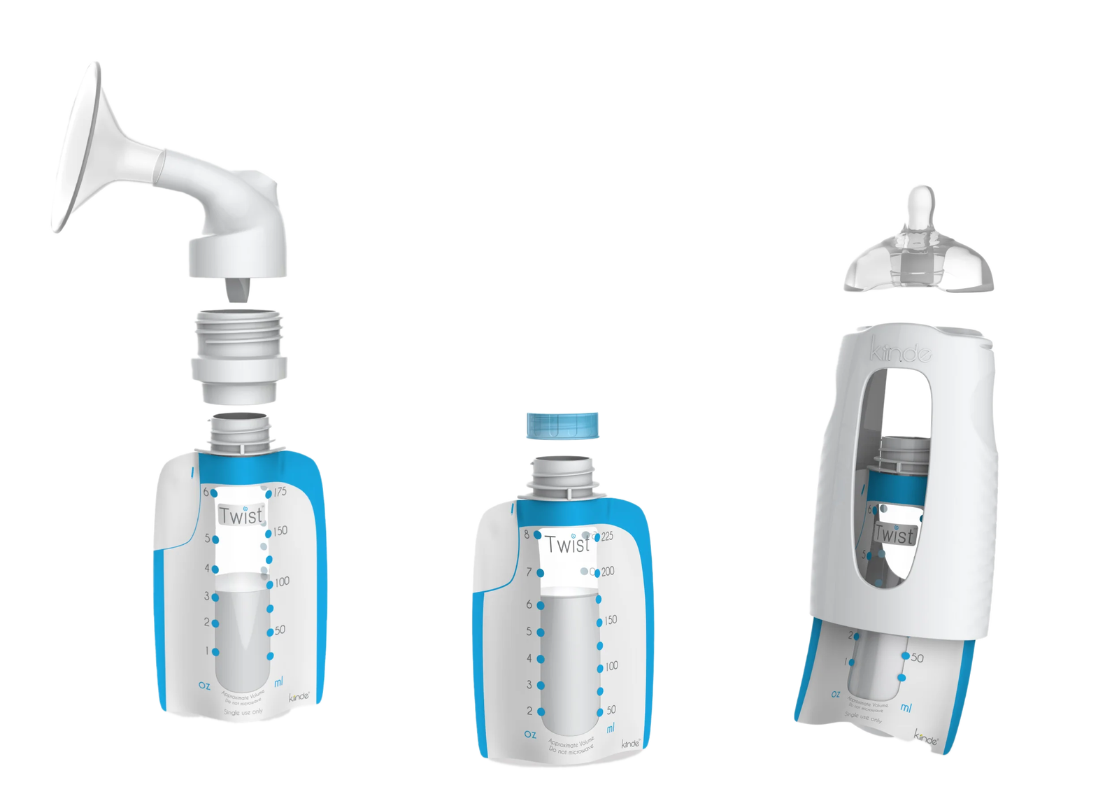 Kiinde Pouch System showing direct-to-pump to screwing on lid to inserting pouch into bottle attachment