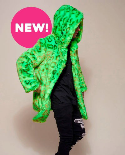 Hooded Men's Faux Fur Coat | Neon Green Leopard