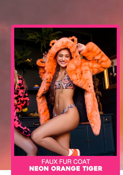 Classic Women's Faux Fur Coat | Neon Orange Tiger