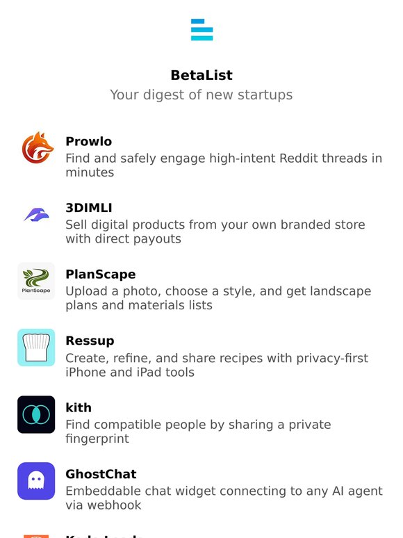 Prowlo, 3DIMLI, PlanScape, Ressup, kith, and more