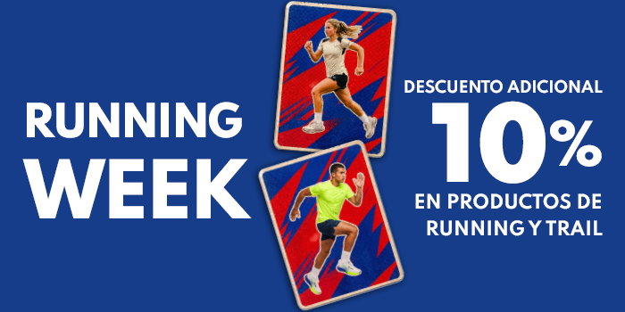 Promotional banner showing male and female runners on cards, text Running Week and 10% additional discount on running and trail products