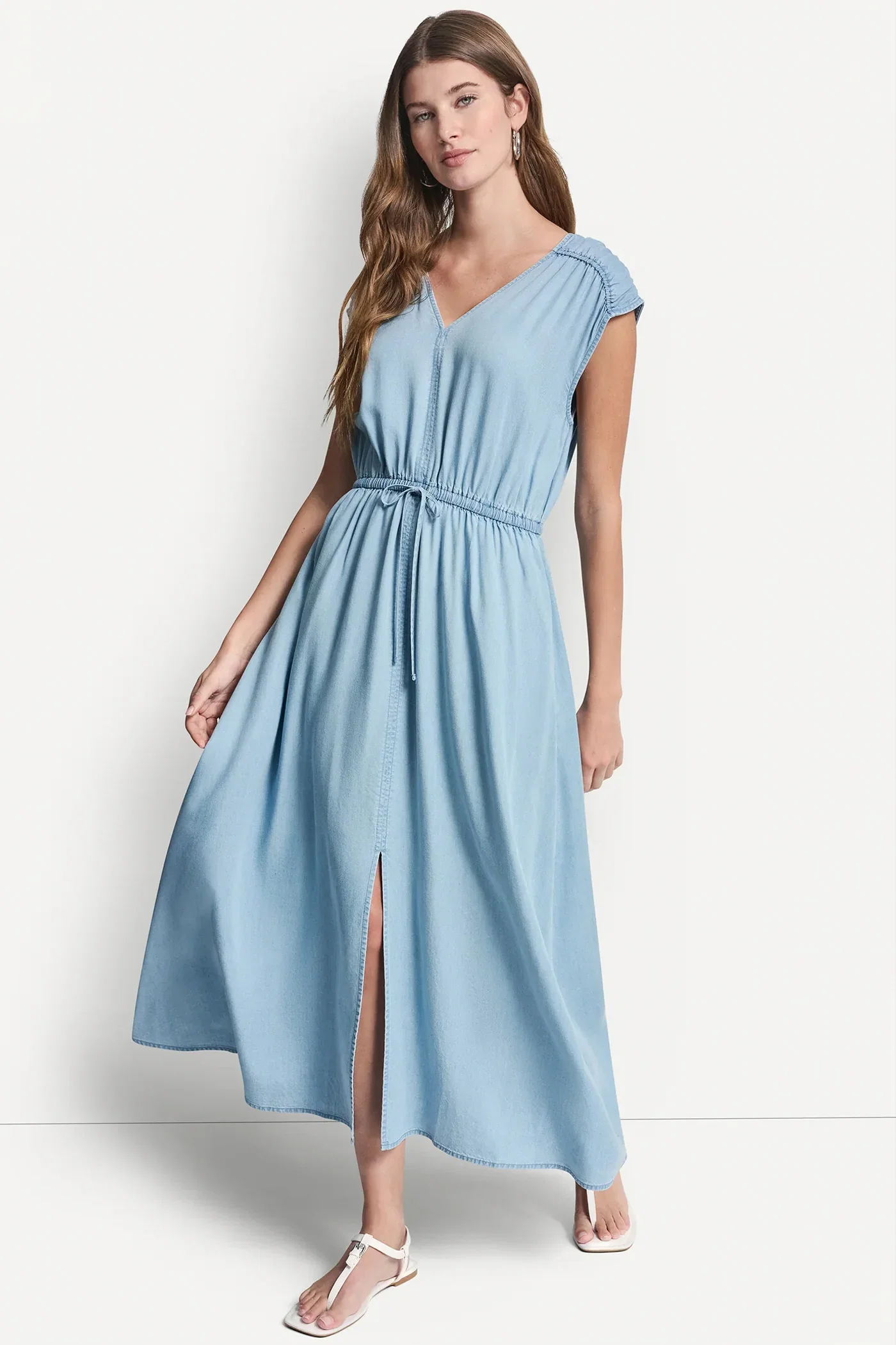 Image of RUCHED V-NECK DRESS WITH TIE WAIST