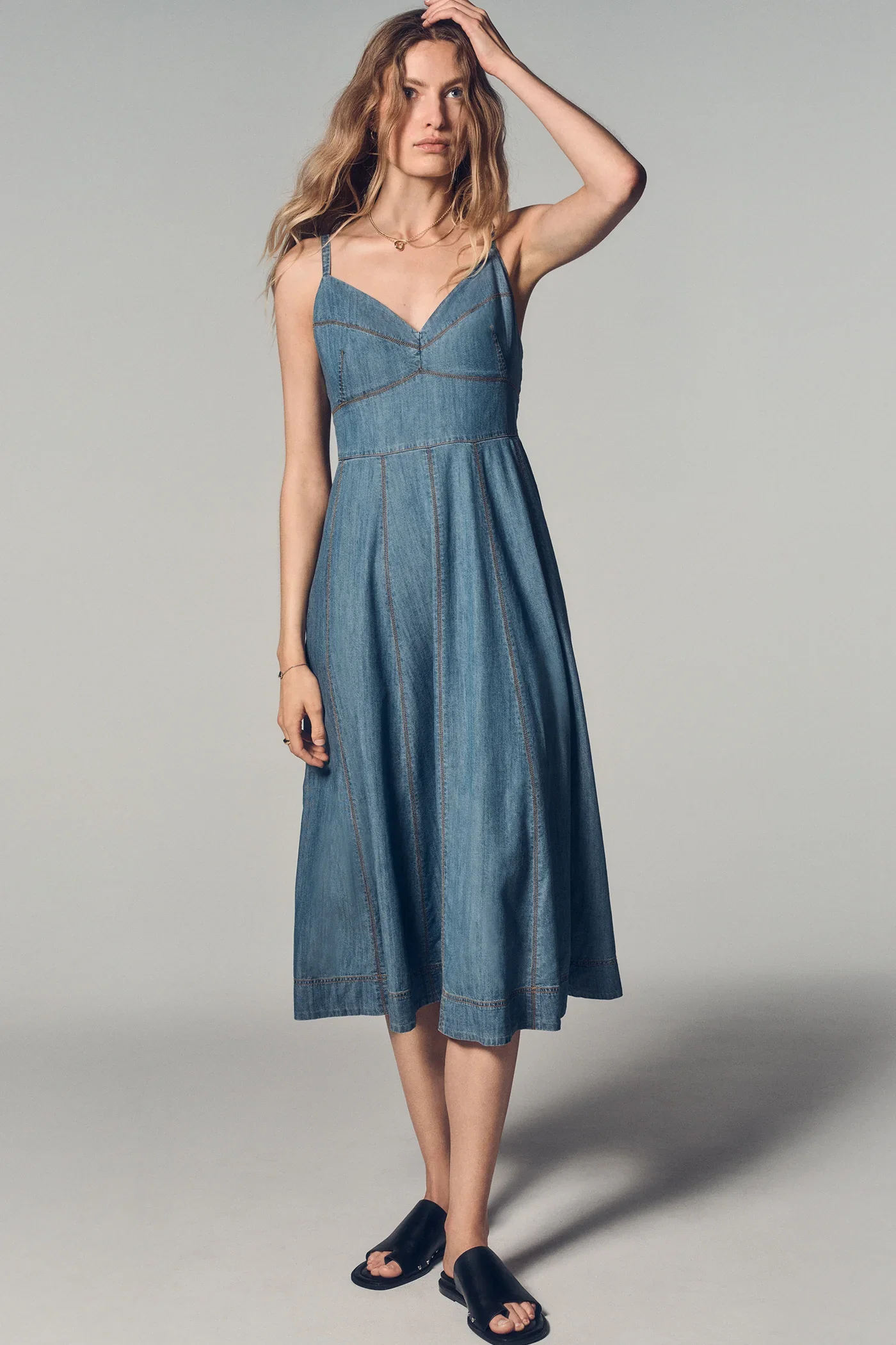 Image of DENIM MIDI FIT & FLARE DRESS