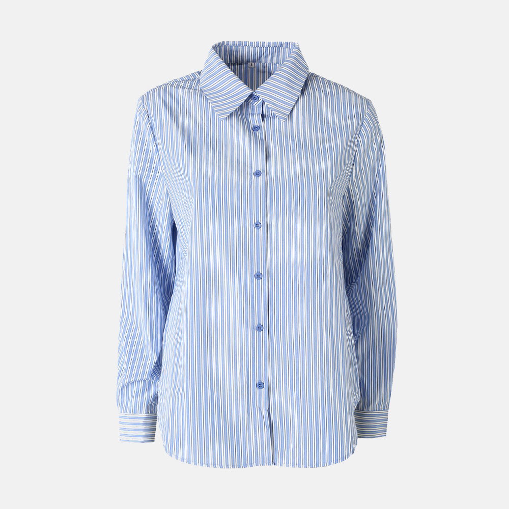 Women's blue and white vertical striped long-sleeve button-up shirt with classic collar on plain background