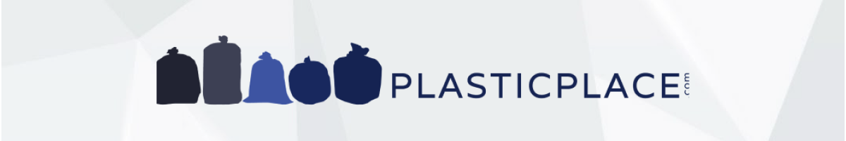PlasticPlace.com with silhouettes of trash bags in various shades.