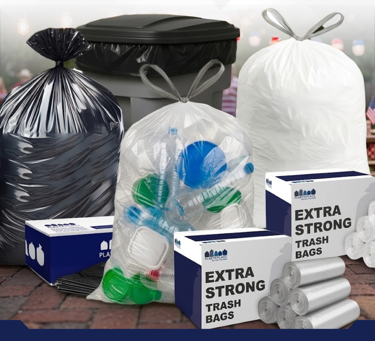 Various trash bags and containers filled with recyclable materials.